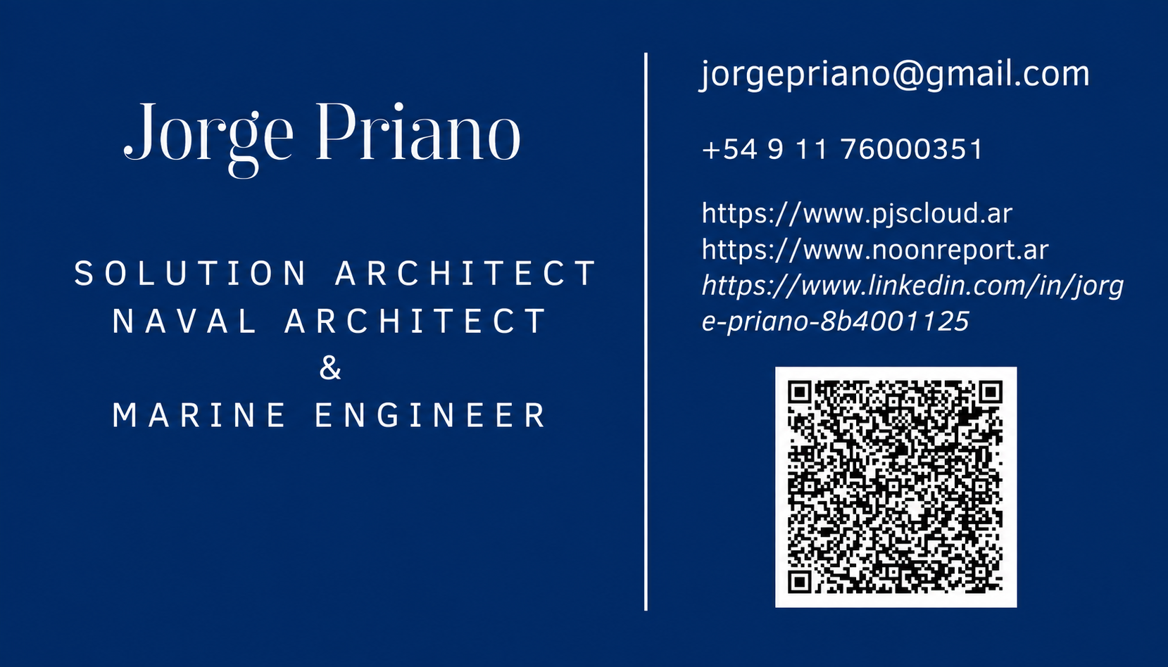 Tarjeta de contacto — Jorge Priano, Solution Architect / Naval Architect & Marine Engineer